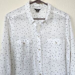 Eddie Bauer Womens Polka Dot Button Down Blouse Size XL White Blue Gauzy